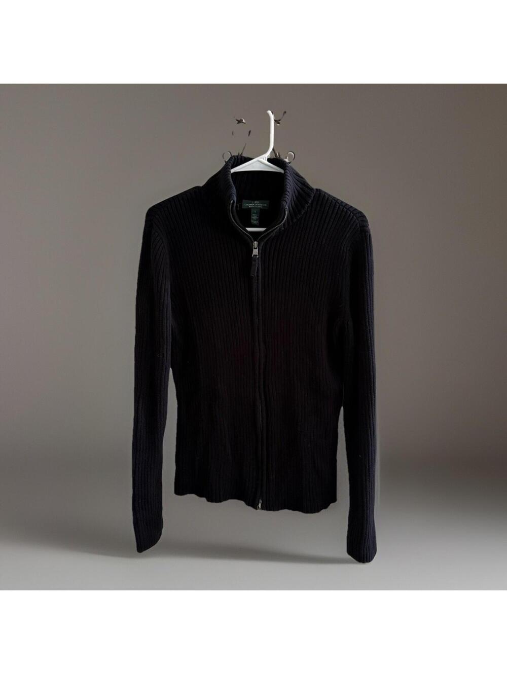 LRL Lauren Jeans Co Ribbed Full Zip Sweater Black Women’s Large 100% Cotton - Picture 1 of 7